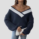 Color-blocked V-neck sweater woven sweater with a collar loose and casual sweater