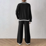 Color-blocked plaid polo-neck cardigan set top with wide-leg casual pants and cardigan set loose and casual cardigan two-piece set