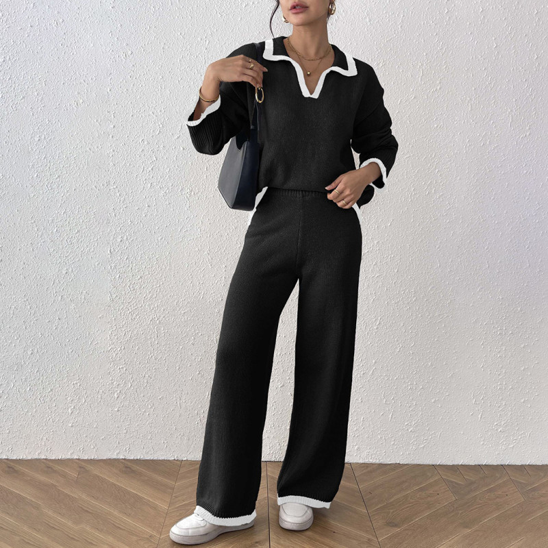 Color-blocked plaid polo-neck cardigan set top with wide-leg casual pants and cardigan set loose and casual cardigan two-piece set