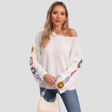 Mixed-color herringbone sweater pullover off-the-shoulder sweater loose and casual sweater