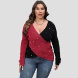 Pearl color-blocked knit sweater pullover color-blocked deep V cross-over sexy sweater fitted casual sweater