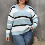 Big size V-neck pullover sweater color-blocked trendy sweater relaxed and casual sweater