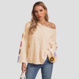Mixed-color herringbone sweater pullover off-the-shoulder sweater loose and casual sweater