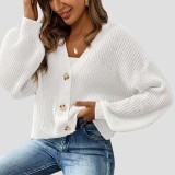 Simple short-sleeved button-down sweater woven sweater loose and casual sweater