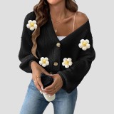 Hand-hooked flower patchwork short-sleeved sweater buttoned machine-woven cardigan sweater loose and casual sweater