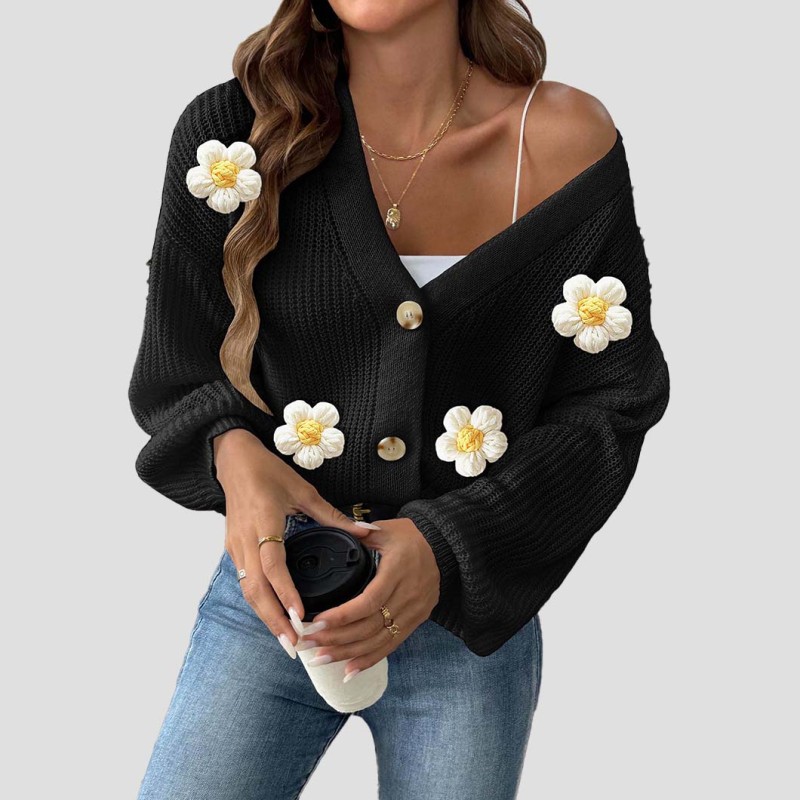 Hand-hooked flower patchwork short-sleeved sweater buttoned machine-woven cardigan sweater loose and casual sweater