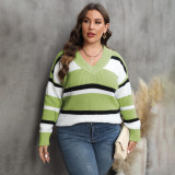 Big size V-neck pullover sweater color-blocked trendy sweater relaxed and casual sweater