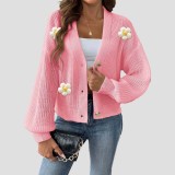 Hand-hooked flower patchwork short-sleeved sweater buttoned machine-woven cardigan sweater loose and casual sweater