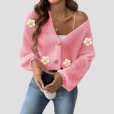 Hand-hooked flower patchwork short-sleeved sweater buttoned machine-woven cardigan sweater loose and casual sweater