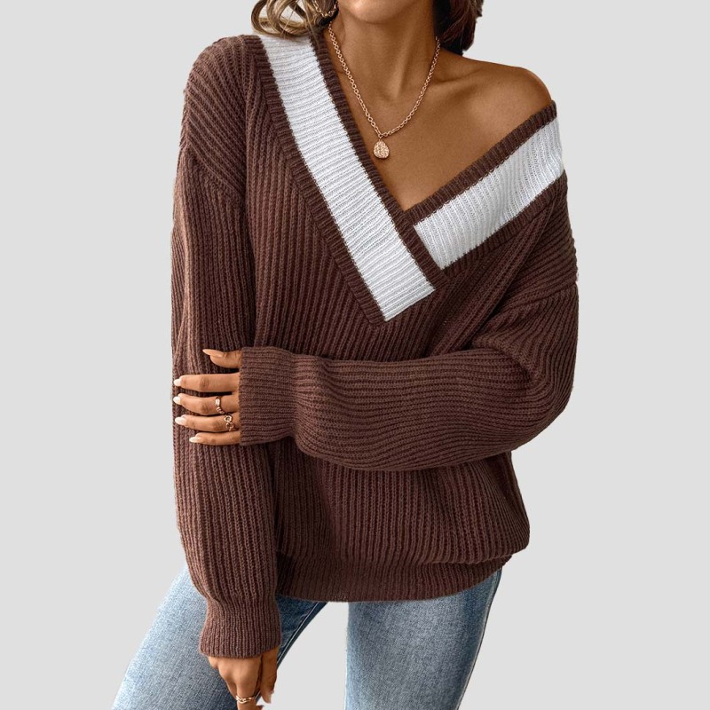 Color-blocked V-neck sweater woven sweater with a collar loose and casual sweater