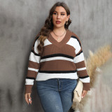 Big size V-neck pullover sweater color-blocked trendy sweater relaxed and casual sweater