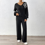 Floral embroidery silk ribbon embroidered sweater set V-neck sweater with straight pants two-piece set loose and casual sweater