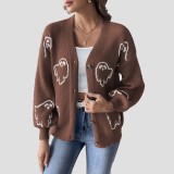 Halloween sweater coat sweater buttoned cartoon flowered sweater loose and casual sweater