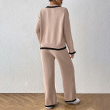 Color-blocked plaid polo-neck cardigan set top with wide-leg casual pants and cardigan set loose and casual cardigan two-piece set