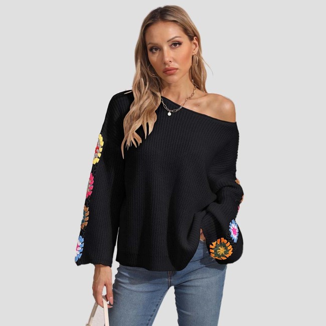 Mixed-color herringbone sweater pullover off-the-shoulder sweater loose and casual sweater