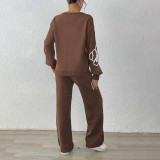 Floral embroidery silk ribbon embroidered sweater set V-neck sweater with straight pants two-piece set loose and casual sweater