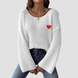 One-shoulder open-neck sweater fall-winter casual and fashionable sweater trumpet sleeve heart embroidery patch heart sweater