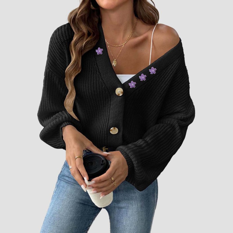 Floral embroidery patchwork sweater fall/winter casual fashionable sweater short buttoned blazer with drawstring cardigan sweater