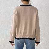 Floral embroidery beaded sweater fall/winter casual fashionable sweater collar with contrasting color patchwork design sweater