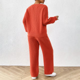 Women's woolen set sweater casual and fashionable sweater V-neck loose top + solid-colored wide-leg straight-leg pants sweater set