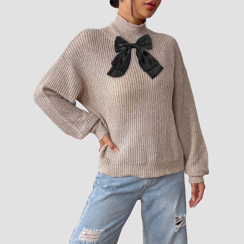 High-neck pullover sweater casual and fashionable sweater black mesh bow tie sweater