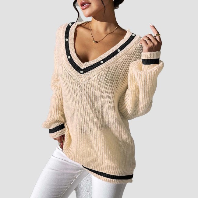 College-style color-block V-neck sweater casual and fashionable sweater long-sleeved beaded base layer sweater