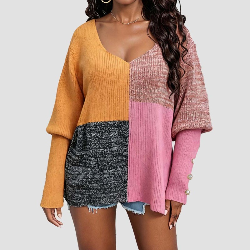 Winter and autumn deep V pullover sweater casual and fashionable sweater color-matched patchwork irregular button decoration sweater