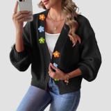 Hand-knitted flower-patterned patchwork sweater fall and winter casual loose-fitting sweater buttonless cardigan sweater