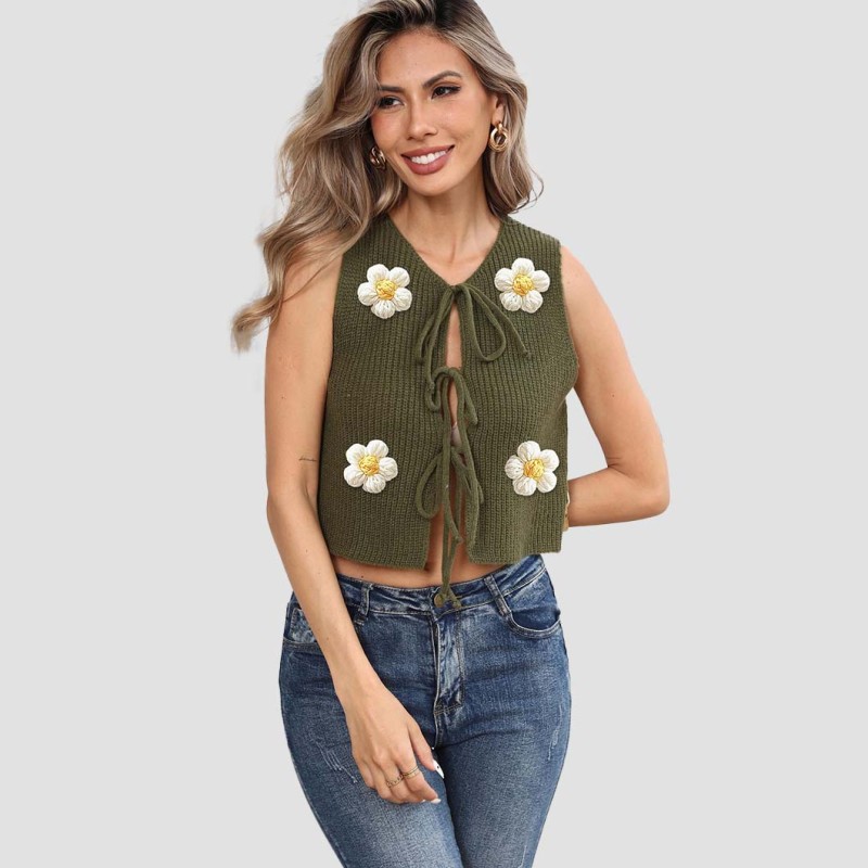 Sexy bow tie strap sweater casual and fashionable sweater hand-knitted patchwork lace cardigan sweater