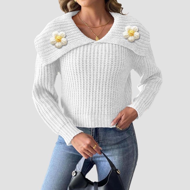 Hand-knitted flower-patterned patchwork sweater casual and fashionable sweater short-sleeved wide-neck pullover sweater