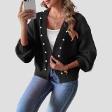 Women's short pearl beaded cardigan sweater new autumn-winter style casual loose-fitting sweater machine-woven without buttons