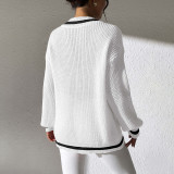 College-style color-block V-neck sweater casual and fashionable sweater long-sleeved beaded base layer sweater