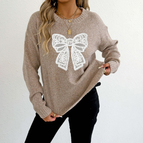 Round-neck pullover sweater casual and fashionable sweater embroidered lace butterfly stitched woven sweater