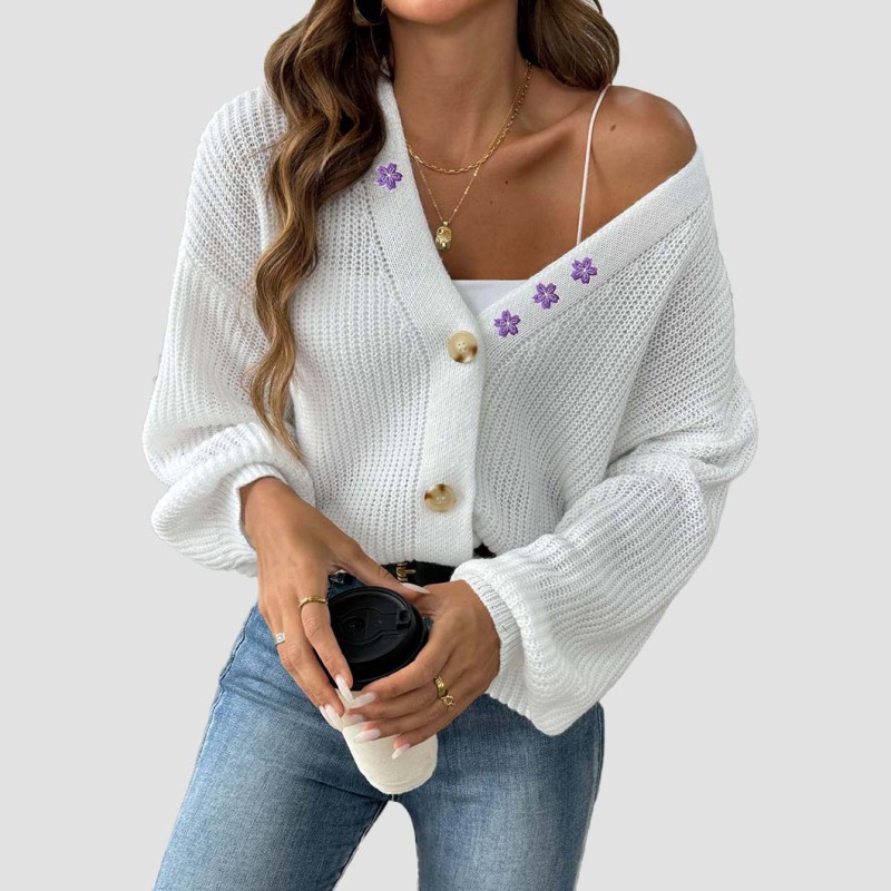 Floral embroidery patchwork sweater fall/winter casual fashionable sweater short buttoned blazer with drawstring cardigan sweater