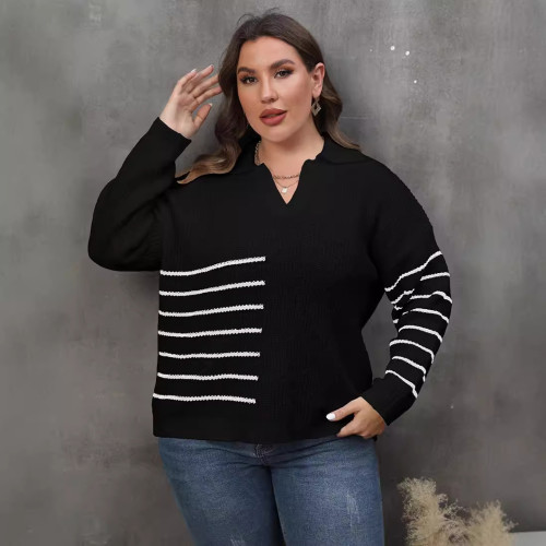 Contrasting color plaid polo-neck sweater casual and fashionable sweater large-sized woven sweater