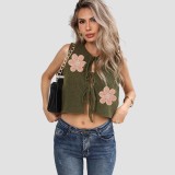 Sexy solid-color bow tie strap sweater fall-winter casual fashionable sweater embroidered flower knitted blazer with strap open cardigan sweater