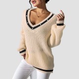 College-style color-block V-neck sweater casual and fashionable sweater long-sleeved beaded base layer sweater