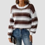 Contrasting color plaid sweater casual and fashionable sweater multi-color pullover loose sweater