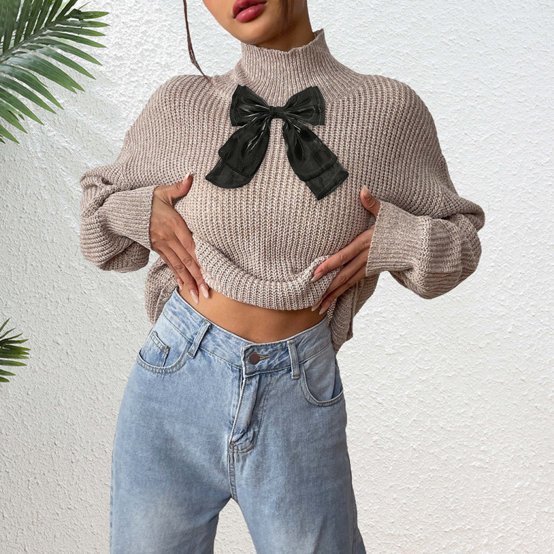 High-neck pullover sweater casual and fashionable sweater black mesh bow tie sweater
