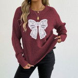 Round-neck pullover sweater casual and fashionable sweater embroidered lace butterfly stitched woven sweater