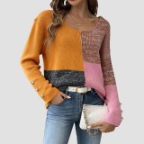 Winter and autumn deep V pullover sweater casual and fashionable sweater color-matched patchwork irregular button decoration sweater
