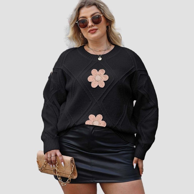 Big size loose diamond-patterned sweater casual and fashionable sweater flower-embroidered beaded sweater