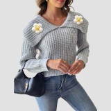 Hand-knitted flower-patterned patchwork sweater casual and fashionable sweater short-sleeved wide-neck pullover sweater