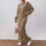 Women's woolen set sweater casual and fashionable sweater V-neck loose top + solid-colored wide-leg straight-leg pants sweater set