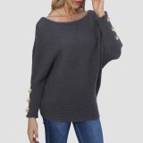 One-shoulder loose sweater casual and fashionable sweater pearl-buttoned batwing sleeve sweater