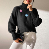 Solid-color minimalist sweater autumn-winter casual and fashionable sweater hand-knitted patchwork high-neck sweater