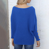 One-shoulder loose sweater casual and fashionable sweater pearl-buttoned batwing sleeve sweater