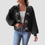 Fall and winter cardigan sweaters casual and fashionable sweaters ribbon and bow patchwork sweaters