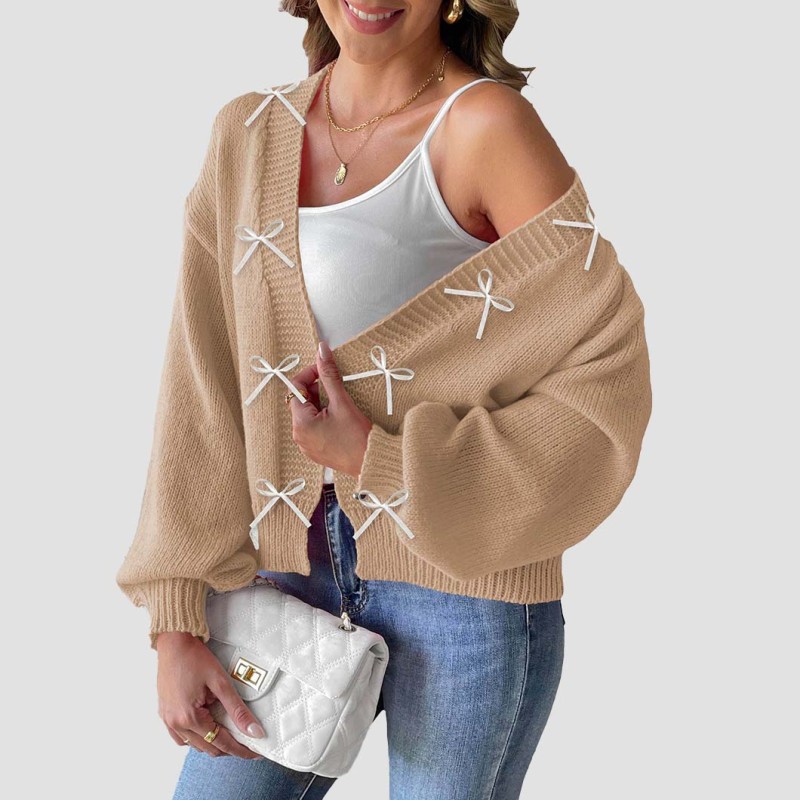 Fall and winter cardigan sweaters casual and fashionable sweaters ribbon and bow patchwork sweaters