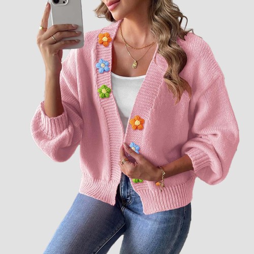 Hand-knitted flower-patterned patchwork sweater fall and winter casual loose-fitting sweater buttonless cardigan sweater